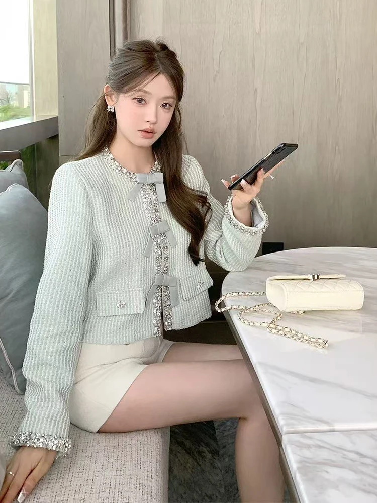 

Spring Luxury Tweed Crop Jackets for Women Korean Elegant Beaded Office Lady Party Coats Y2K Female Socialite O Neck Outerwears