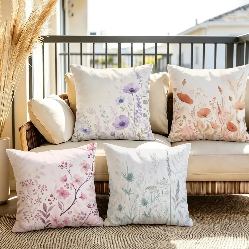 Watercolor Wild Meadow Floral Cushion Cover Soft Short Plush Throw Pillow Cover Cushion Case for Sofa Bedroom Home Decor Gift