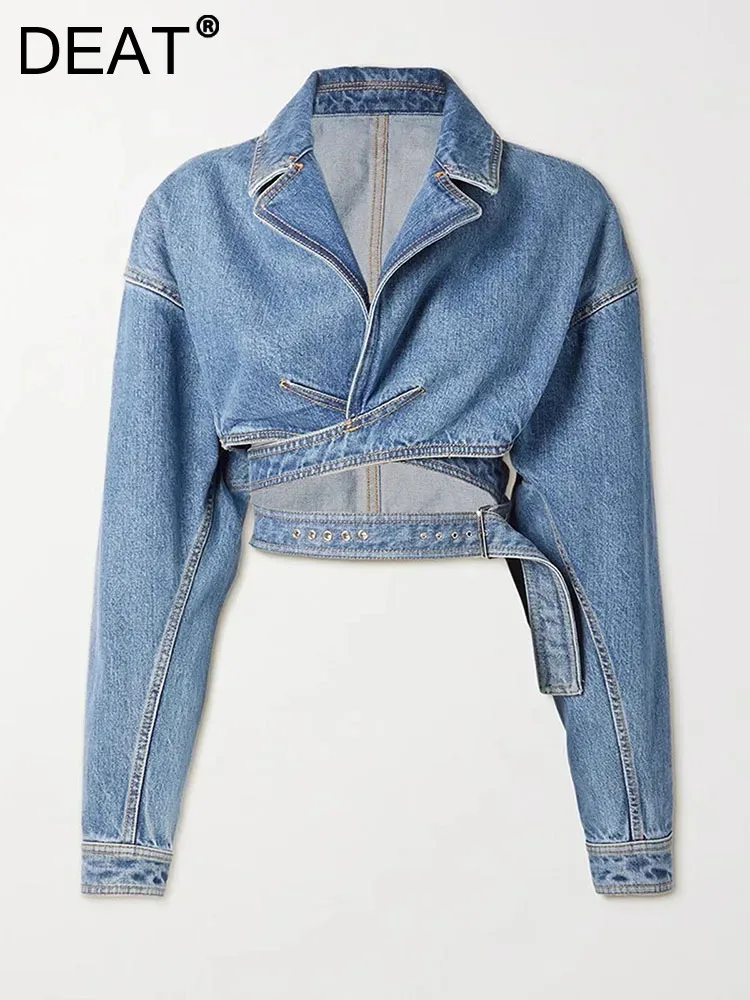 

DEAT Women Denim Jackets Notched Collar Long Sleeve Crossed High Waist Spliced Belt Short Coat 2024 Summer New Fashion 7AB3526