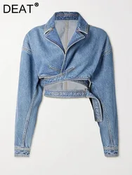 DEAT Women Denim Jackets Notched Collar Long Sleeve Crossed High Waist Spliced Belt Short Coat 2024 Autumn New Fashion 7AB3526