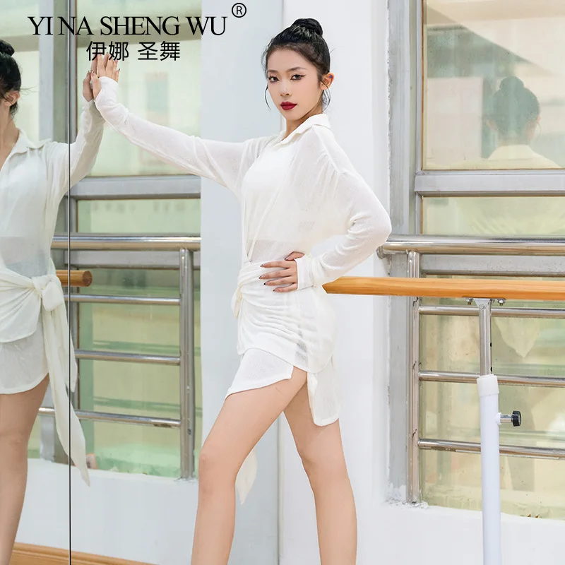 Loose Latin Dance Clothes Women White Black Long Sleeve Loose Shirt Skirt Training Clothes Latin Dance Cha Cha Samba Costume