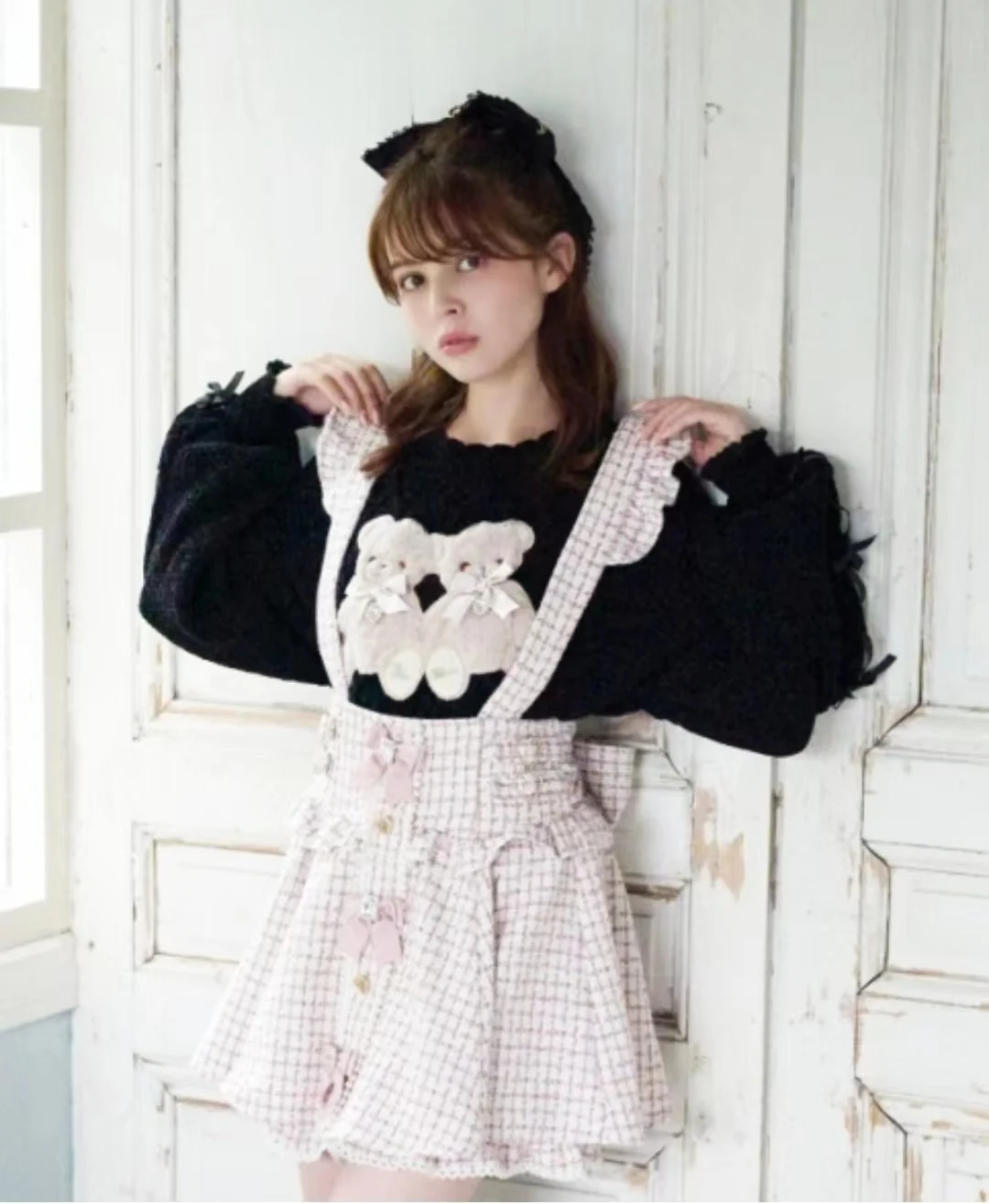 Dophee Japan Style Women Sweaters Landmine Series Cute Double Bears Rhinestone Bow Long Sleeve Knitted Shirt Pullover Top O-neck