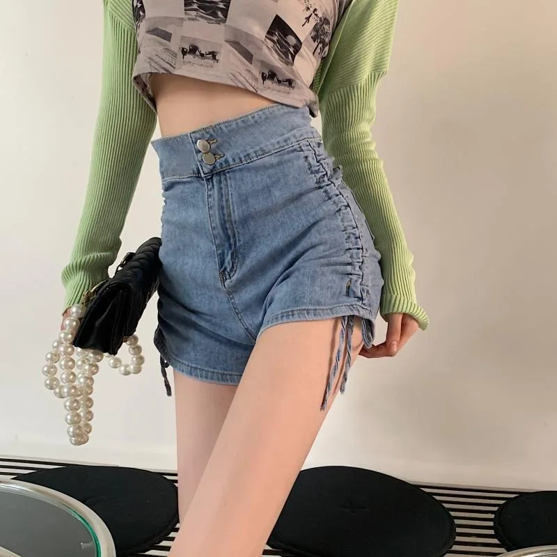 

High waisted denim shorts for women's 2023 summer new Korean version with drawstring design for a slimming A-line strap pants