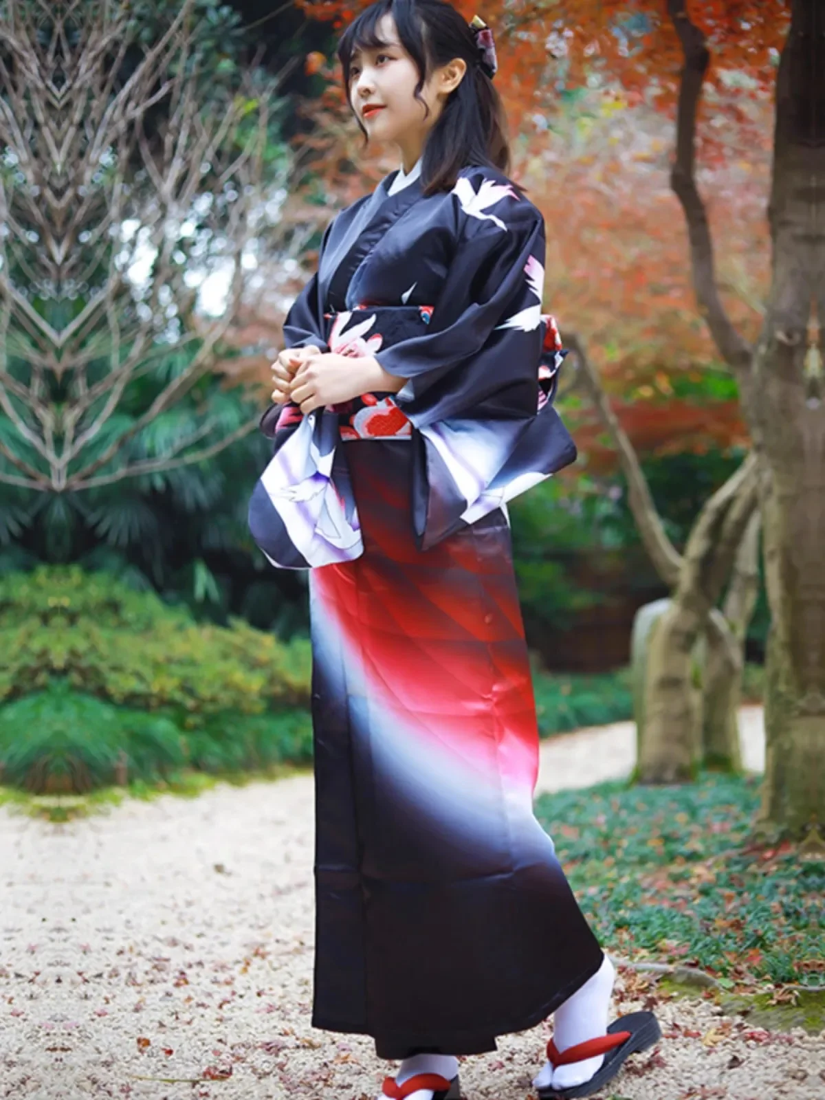 Japanese Traditional Women Tomesode Kimono Improved Style Elegant Black Color Crane Pattern Wrinkle-Resistant Formal Yukata