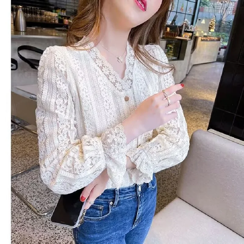

womens Lace Shirt V Neck Floral Embroidery Top