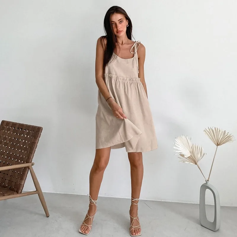 Cross-border Summer Sexy Cool Black Suspender Cotton and Linen Nightdress Loose Casual and Comfortable Women's Loungewear Nighty