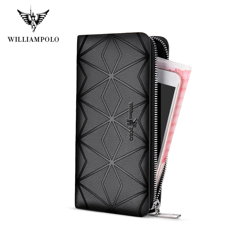 WILLIAMPOLO Men\'s Wallet Long Genuine Leather 100% Clutch Wallets Phone Bag Zip Wallet For Men Business Large Capacity Money Bag