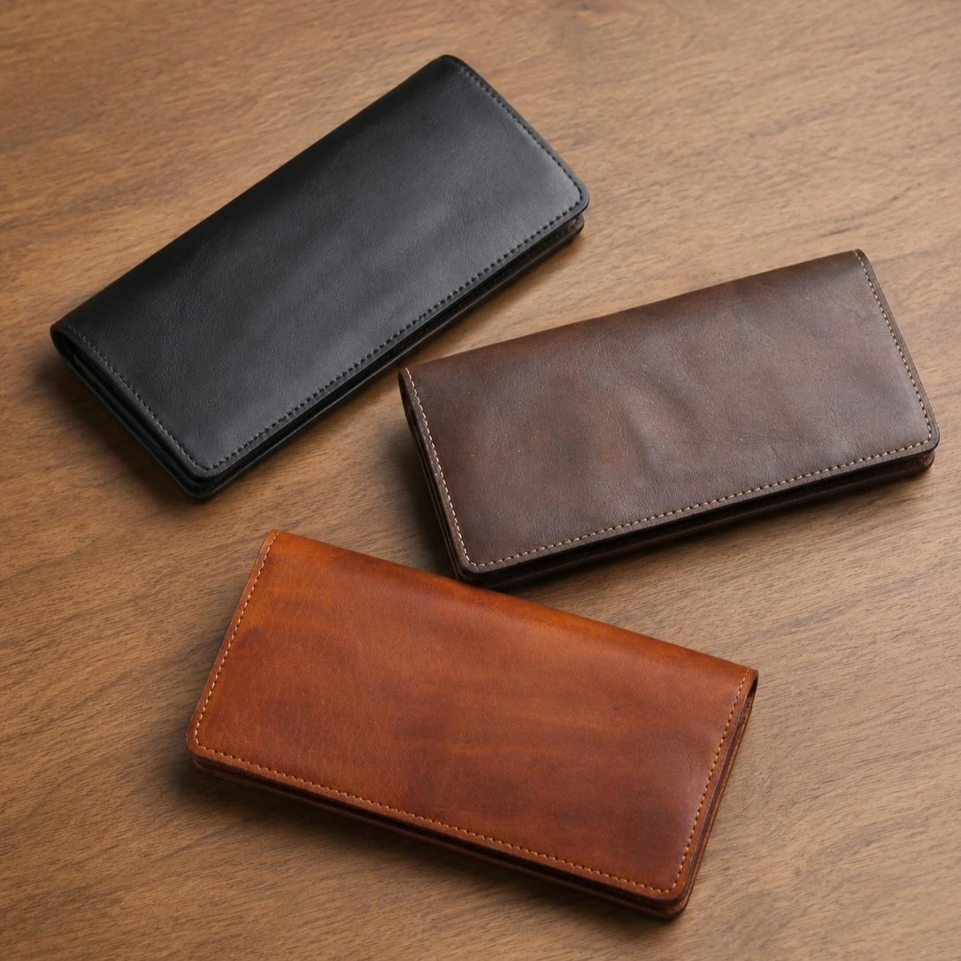 New Genuine Leather Men Wallets Vegetable Tanning Cowhide Male Vintage Handmade Long Slim Thin Wallet Card Holder Billfold Purse