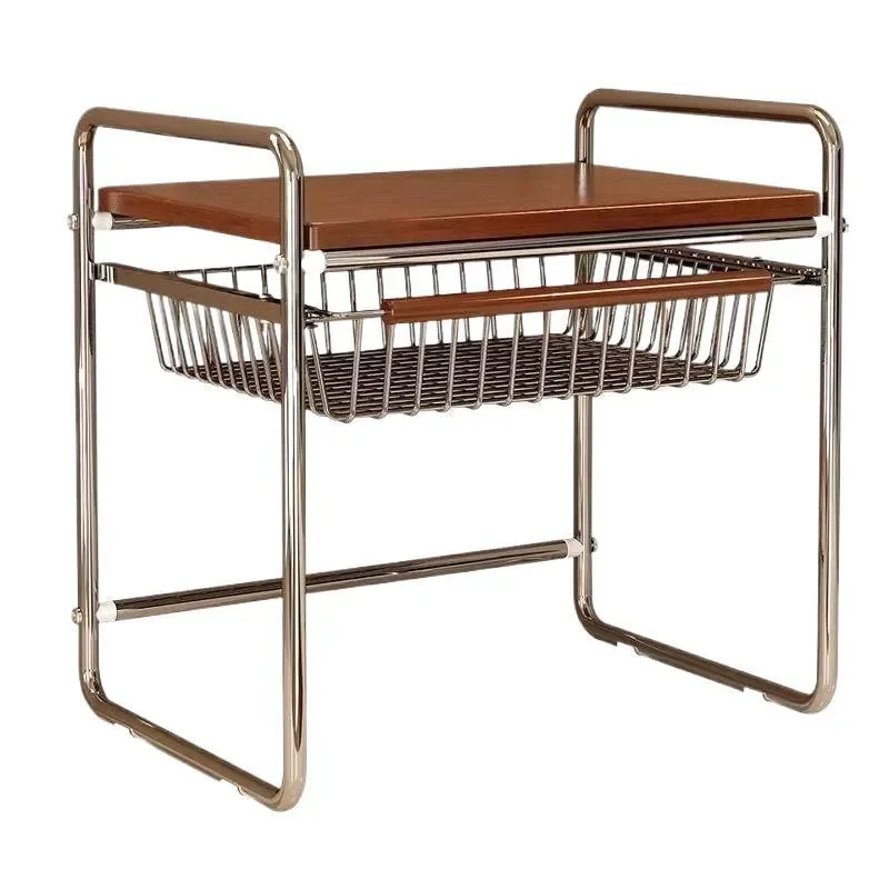 Nordic Stainless Steel Round Corner Table Cherry Wood Grain Mini Coffee Side Table for Living Room Sofa Bedside Simple Design