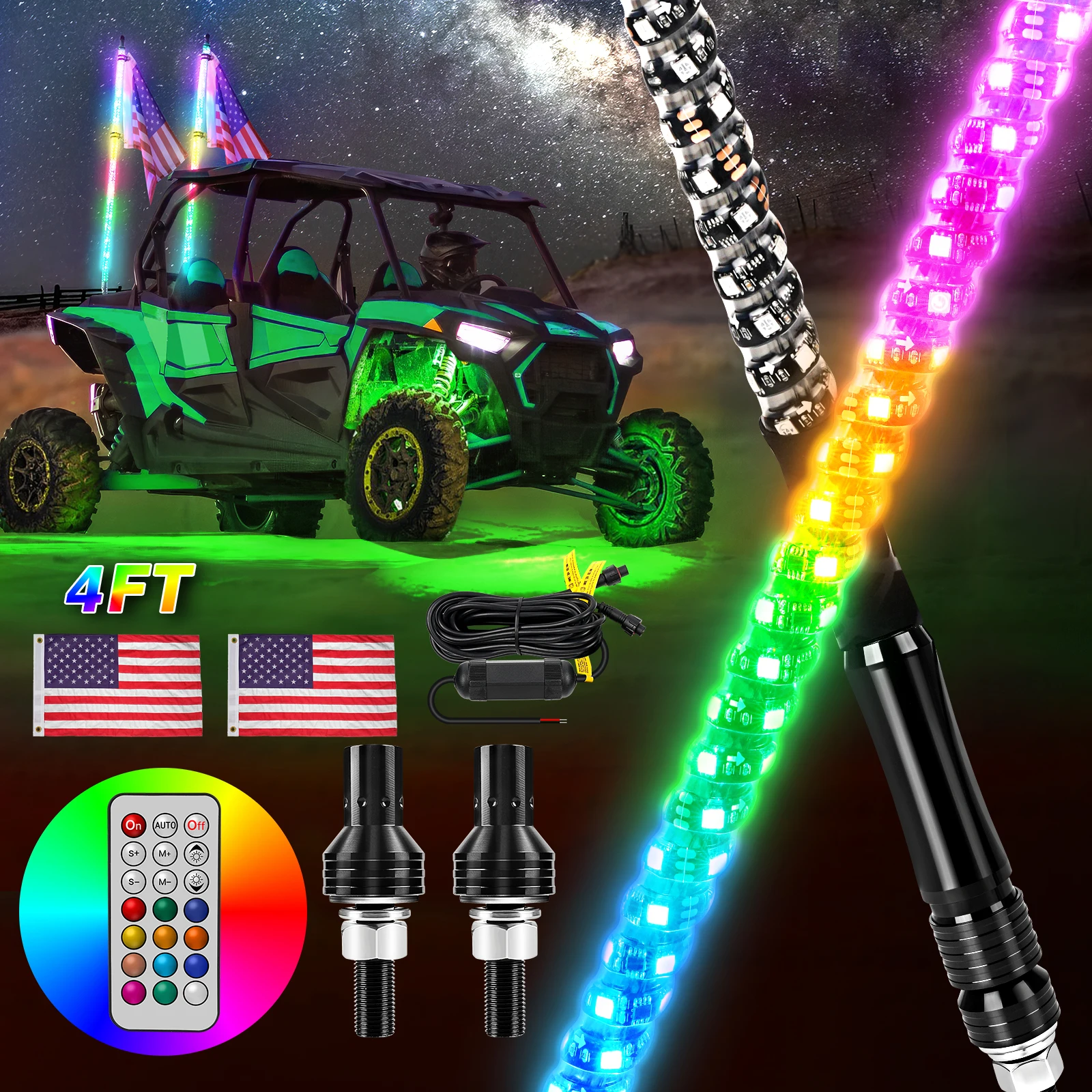 

MICTUNING 2pc 4ft Spiral LED Whip Lights Remote Control with RGB+IC Dream Flow Chasing Mode Lighted Whips for ATV UTV RZR Trucks