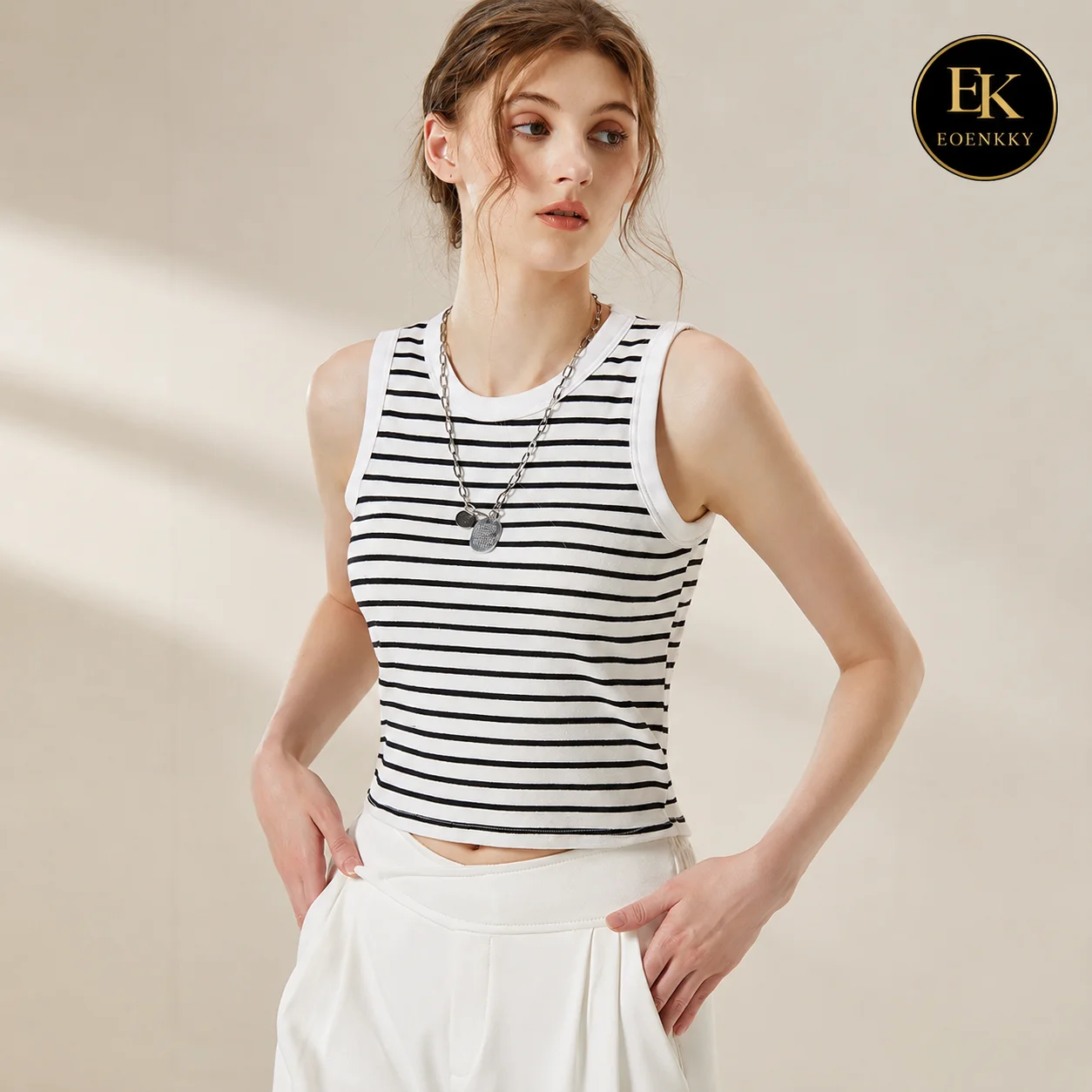 EOENKKY Women Built In Bra Tank Top 95% Cotton Striped Sleeveless Crop Top High Stretch Padded Cami Summer Basic Vest