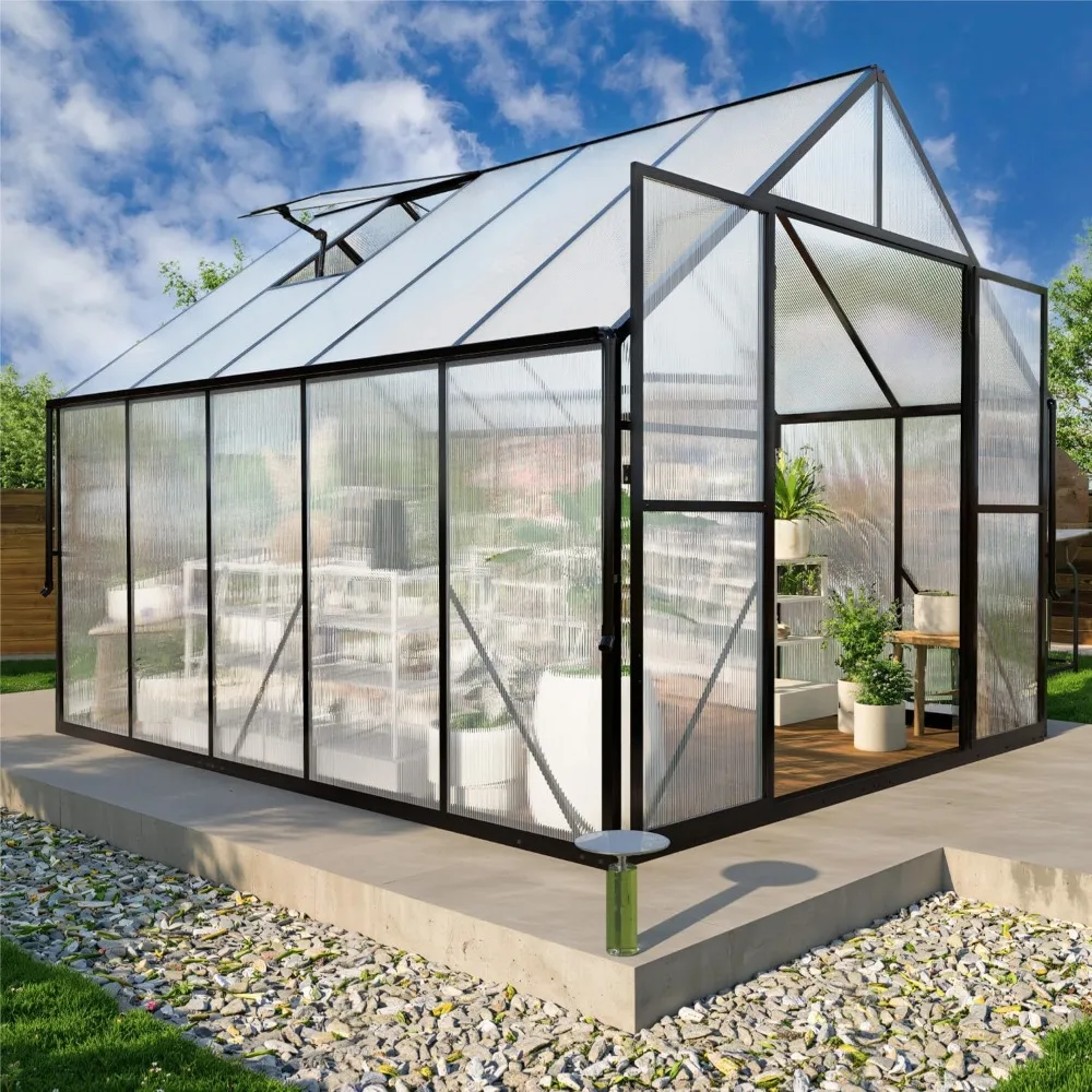 

Greenhouse for Outdoors, Polycarbonate Green House with Adjustable Roof Vent and Rain Gutter, Aluminum Large Walk-in Greenhouse