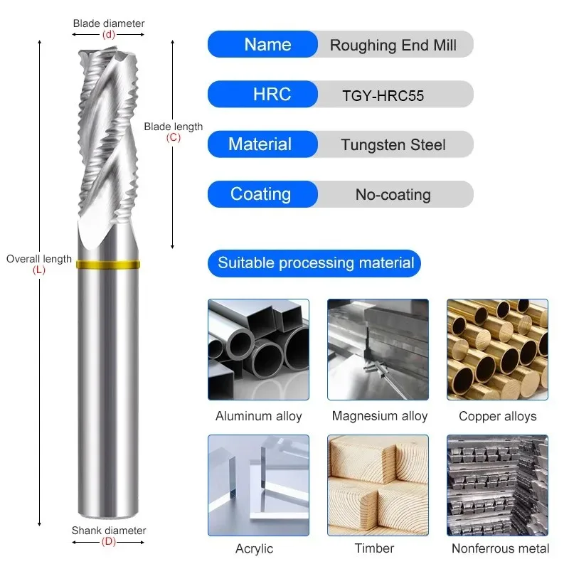 AZZKOR TGY-HRC58 3-Flute Aluminium Roughing Milling Cutter Tungsten Steel Carbide CNC Mechanical Machining Rough Endmill Tools