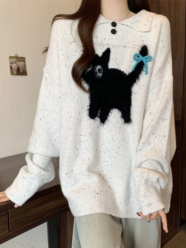 

Cute Cartoon Bow Sweaters Women Loose Vintage Long Sleeve Kawaii Knitted Jumper Japan Casual Preppy Style Retro Pullovers