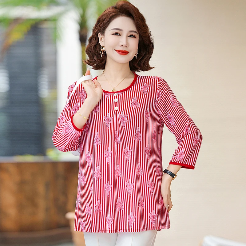Middle Aged Women Clothing Summer Elegant Stripe print  Three Quarter Sleeves T-shirt Ladies Casual O Neck Loose Tunic Tops