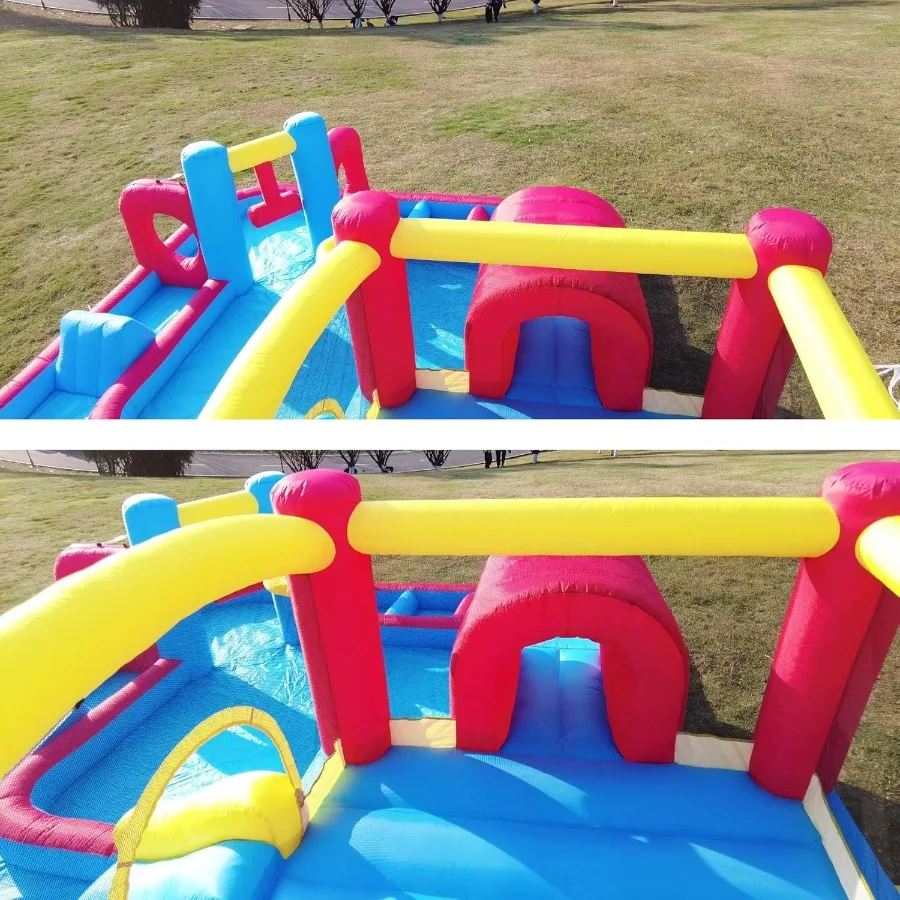 Opblaasbaar springhuis voor kinderen, 10-in-1 waterglijbaan achtertuin met ventilator, waterpark met waterkanonnen, basketbalring, tunne