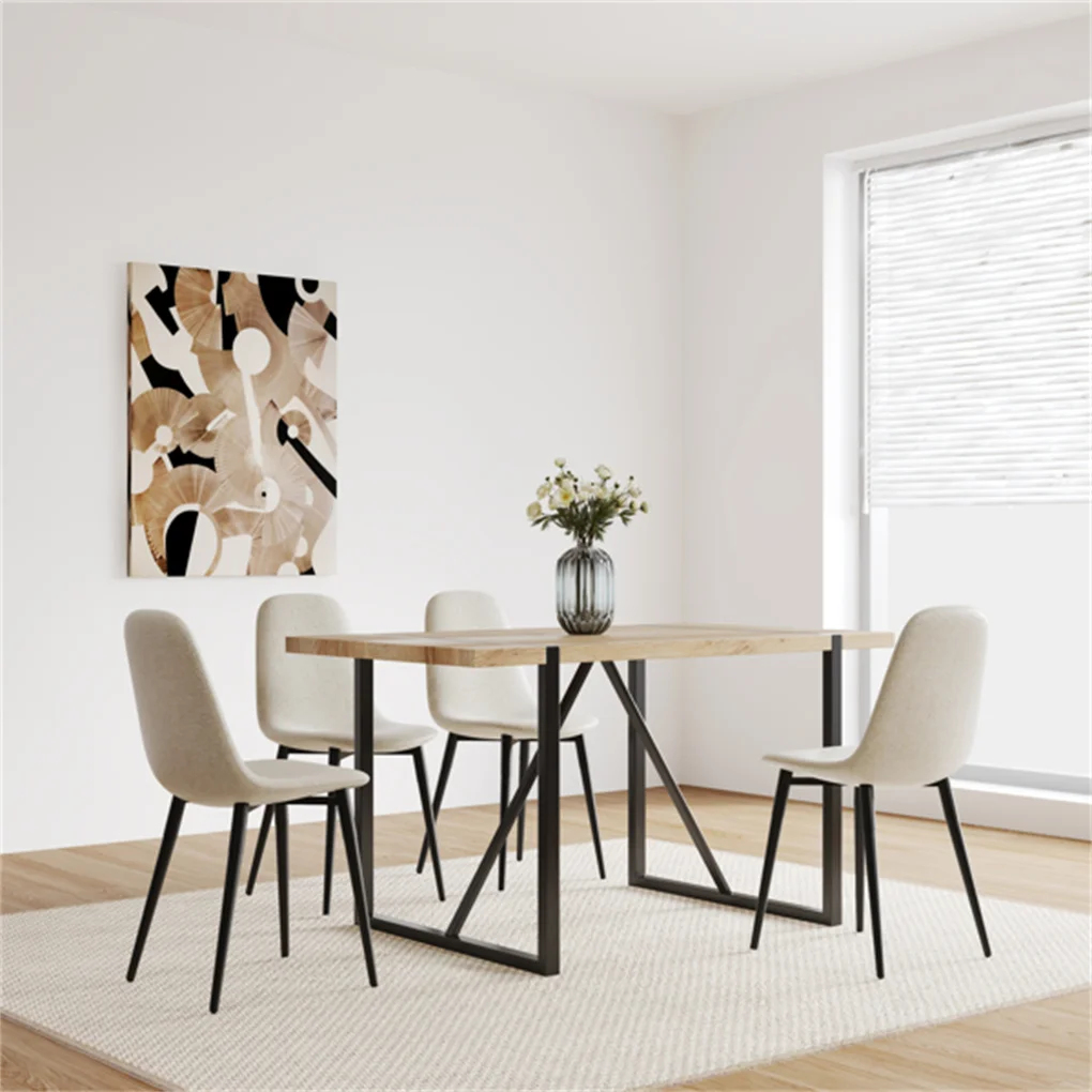 4PCS/SET Dining Chairs Modern Accent Chairs with Linen Fabric Upholstered Seat, Spoon Shape Kitchen Chair with Black Metal Legs