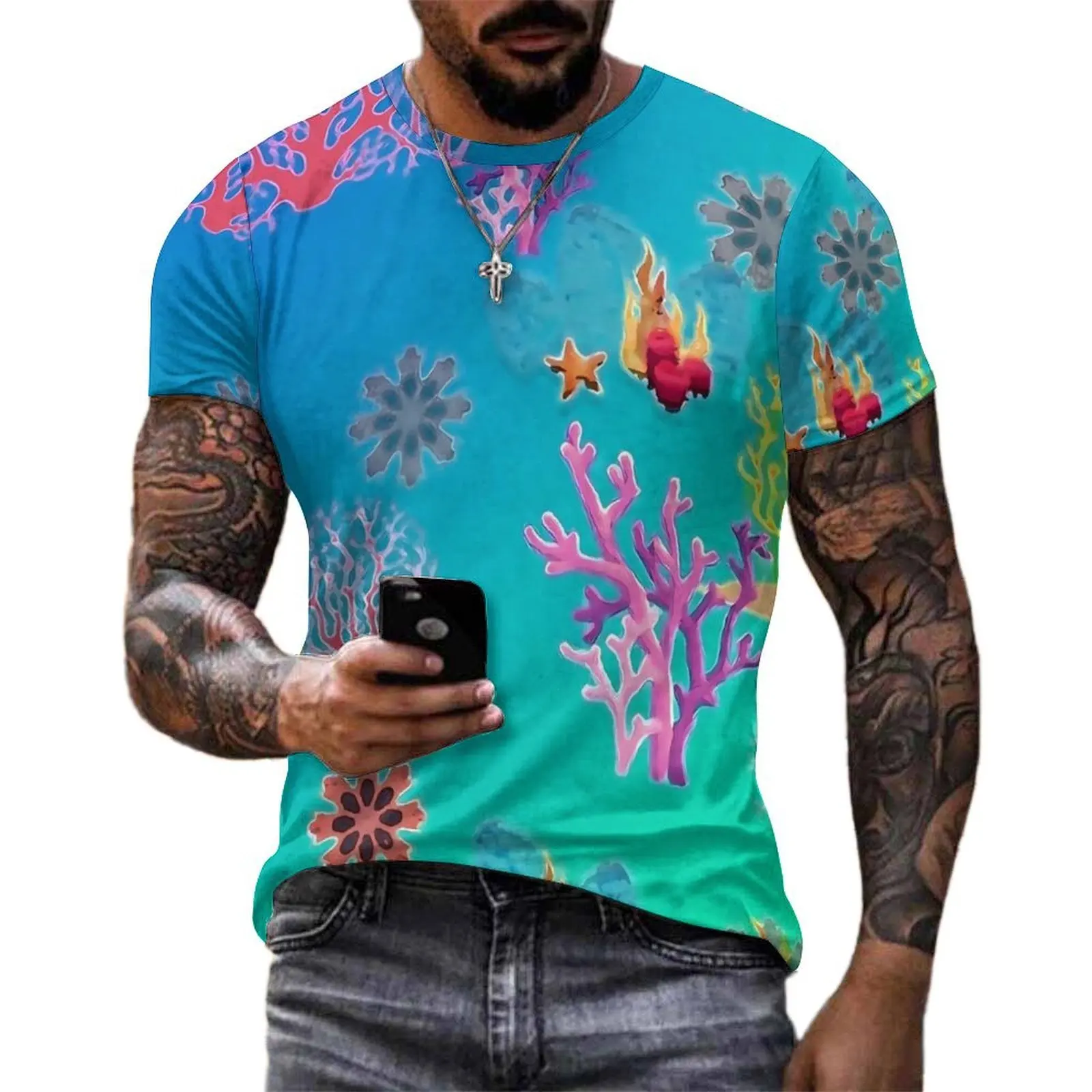 Tropical Marine Print T Shirt Male Coral Floral Design Casual T-Shirts Summer Fashion Tees Short Sleeve Design Plus Size Clothes