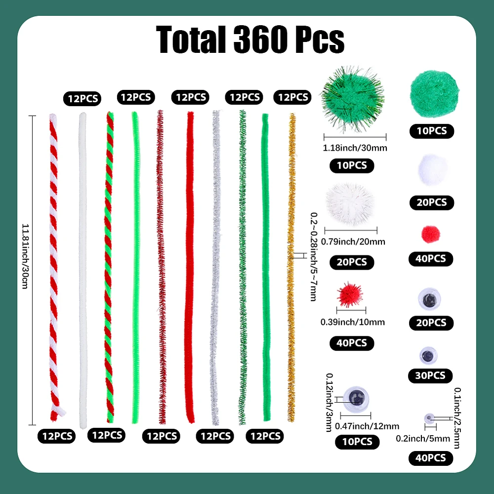 120Pcs Christmas Pipe Cleaner Pipe Cleaners 140Pcs White Red Green Balls 100Pcs Eyes Xmas Ornament for DIY Art Craft Sewing