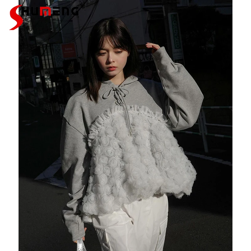 Japanese Elegant Commuter Mesh Stitching 3D Roses Sweet Loose Casual Long Sleeve Drawstring Hoodies Sweatshirts For Women Autumn