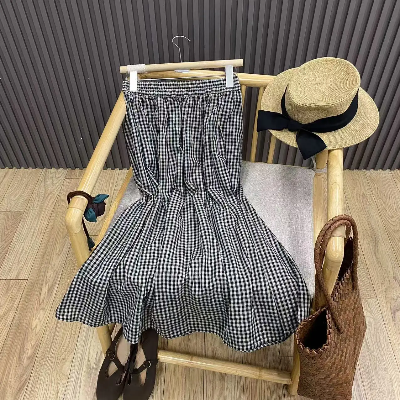 Jupe mi-longue rétro à carreaux en pur coton, taille haute, ample, polyvalente, amincissante, ligne a, pour femmes, pour les déplacements quotidiens