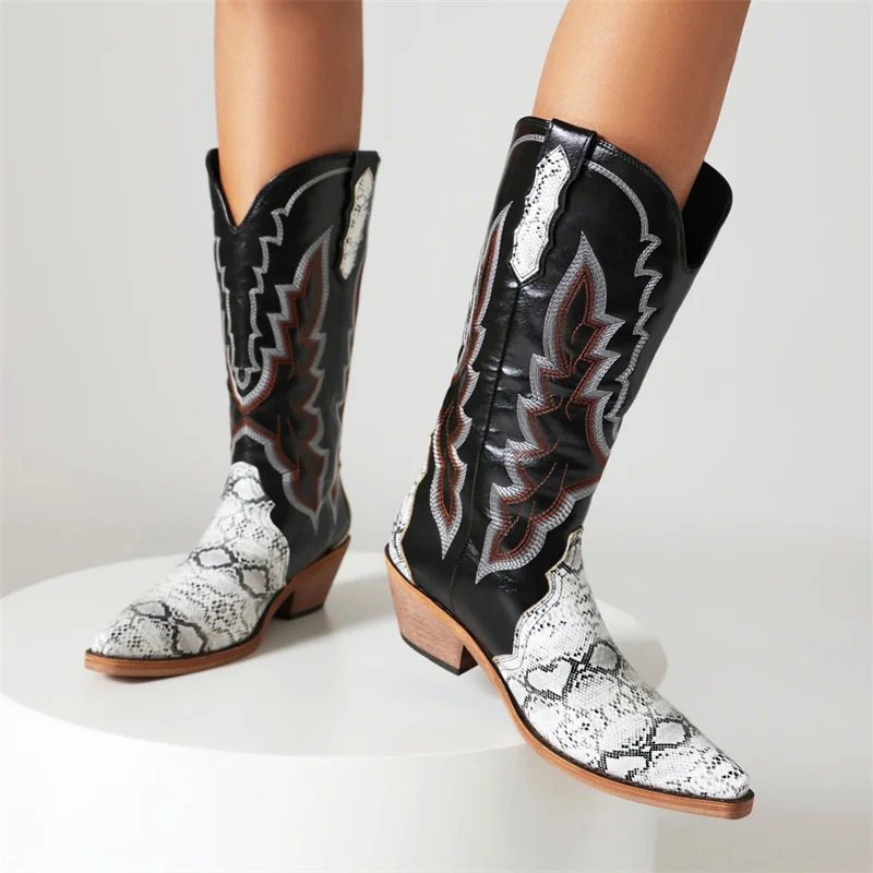 IPPEUM Leather Western Boots Women Embroidered Wide Calf Pointed Toe Retro Black Size 46 Cowgirl Cowboy Boots Free Shipping