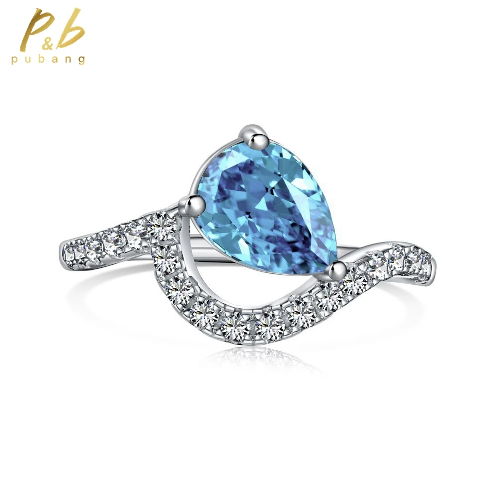 

PuBang for Women Gift Fine Jewelry Pear Blue/Pink Gemstone Solid 925 Sterling Silver Created Moissanite Party Ring Free Shipping