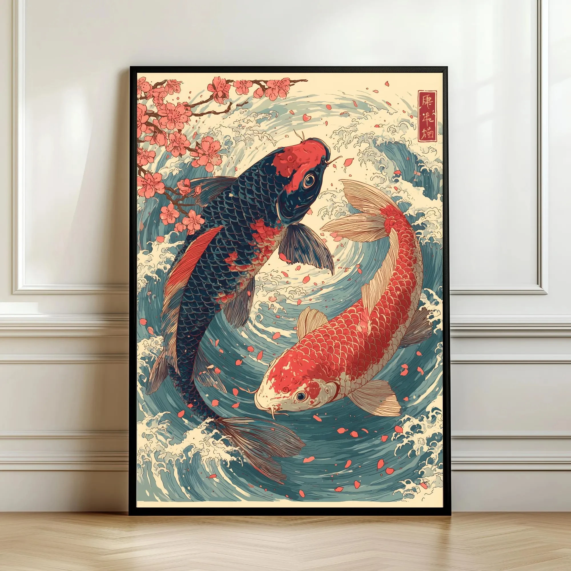 Koi Fish Wall Art – Japanese Pond Painting, Golden Lotus & Dragonfly Decor,Emerald Water Garden Print, Tranquil Koi Poster Decor