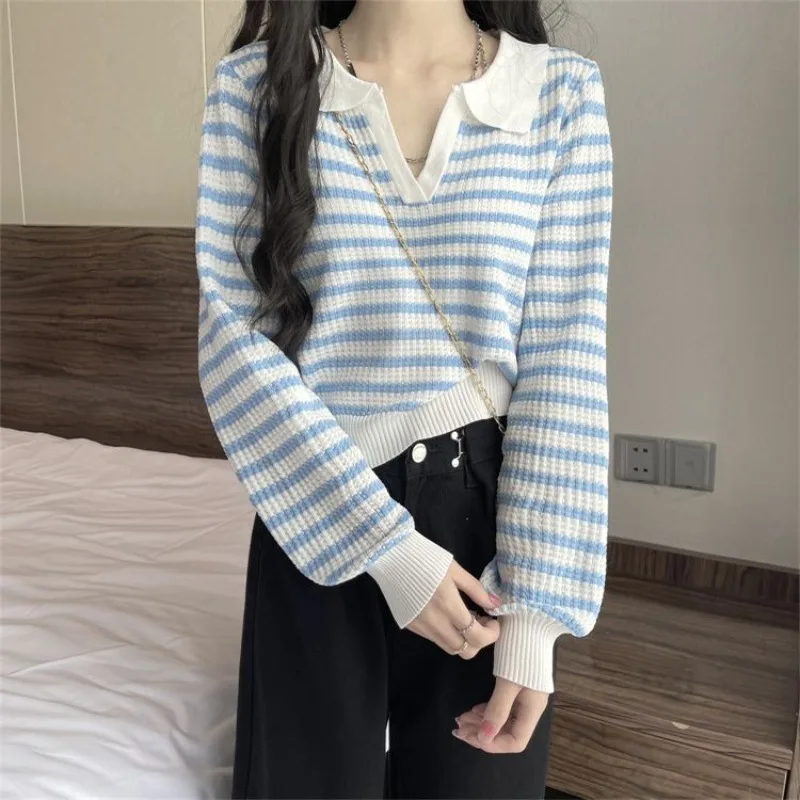 Stripes Autumn Winter Clothes Woman Sweaters Contrast Color V Neck Pullovers Korean Fashion Looose Pull Femme