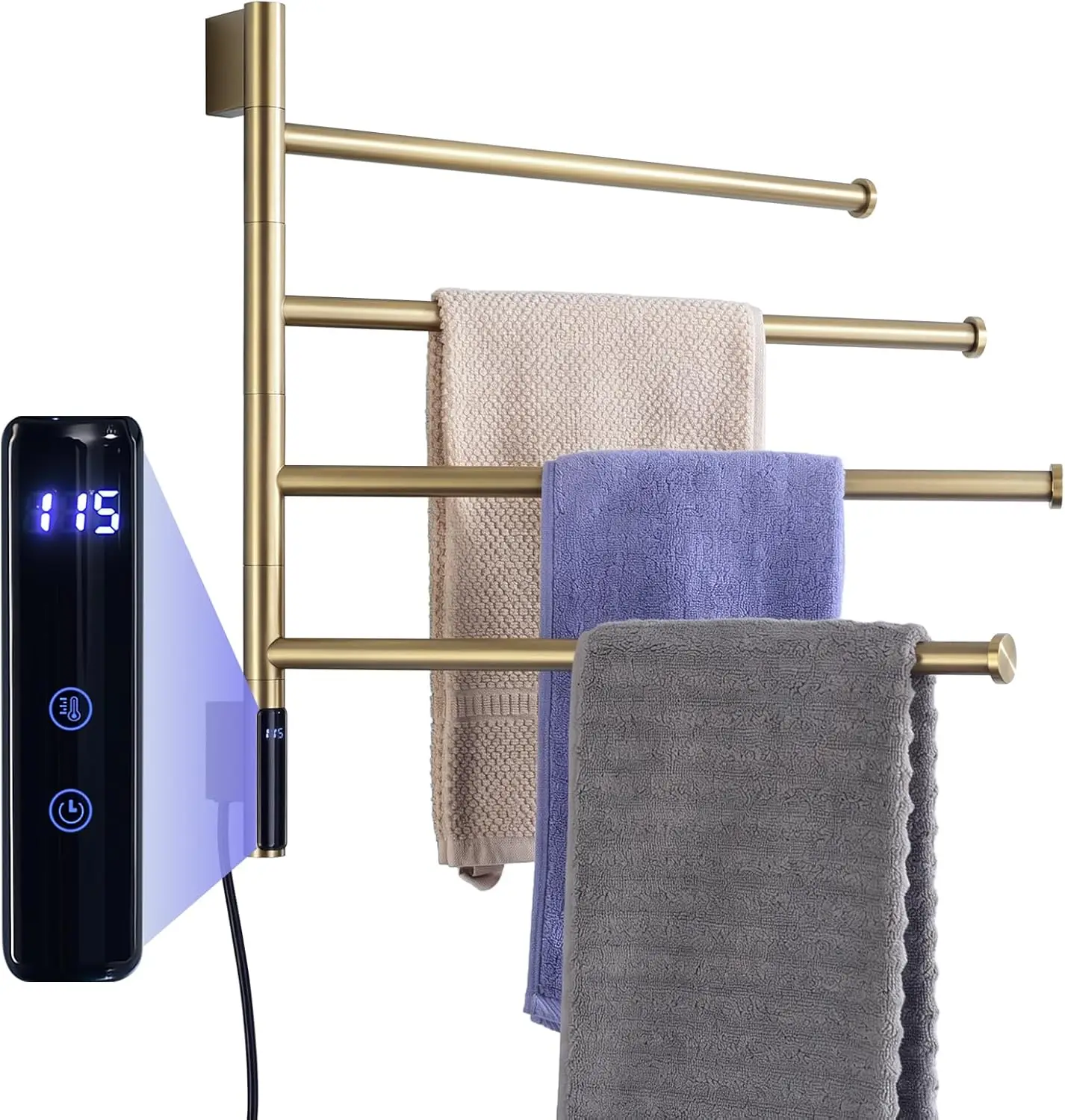 4-Swing Electric Towel Warmer with Timer, Brushed Gold | Rust-proof 304 SS warmer with carbon fiber heat, LED touch 24H timer