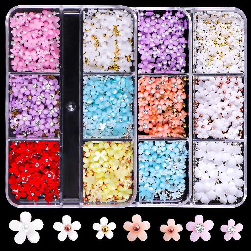 3D White Acrylic Flower Nail Art Decorations Mixed Size Florets Charms Jewelry Gem Beads DIY Nail Charms Design Accessories