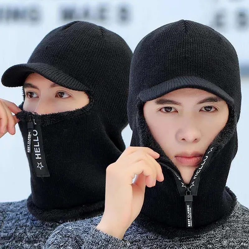 Men's Winter Balaclava Lined Knitted Hat With Zipper Thicken Warm Visor Beanies Hats For Men Face Ear Mask Neckwarmer Cap