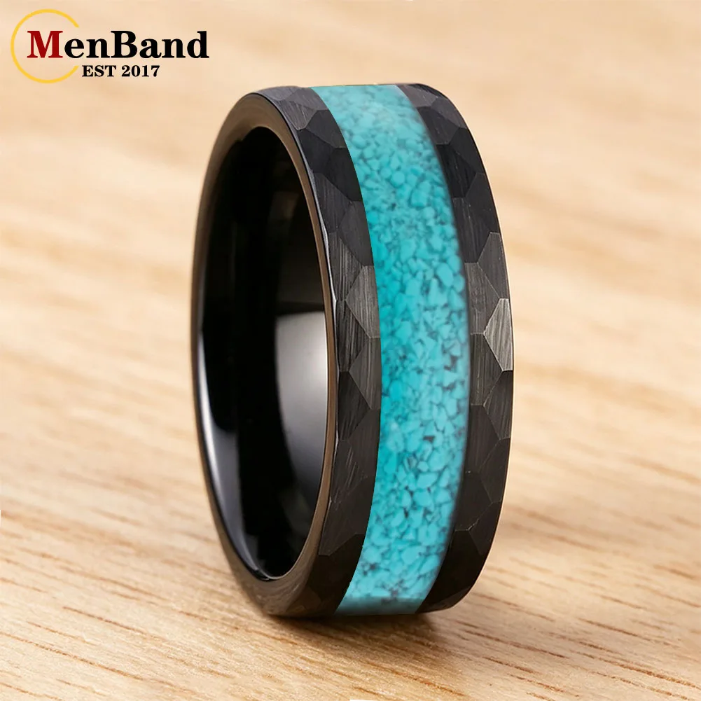 

Dropshipping 4MM 8MM Hammered Men and Women wedding ring Inlaid Turquoise，Couple's Ring, Promise Ring, Engagement Party Jewelry