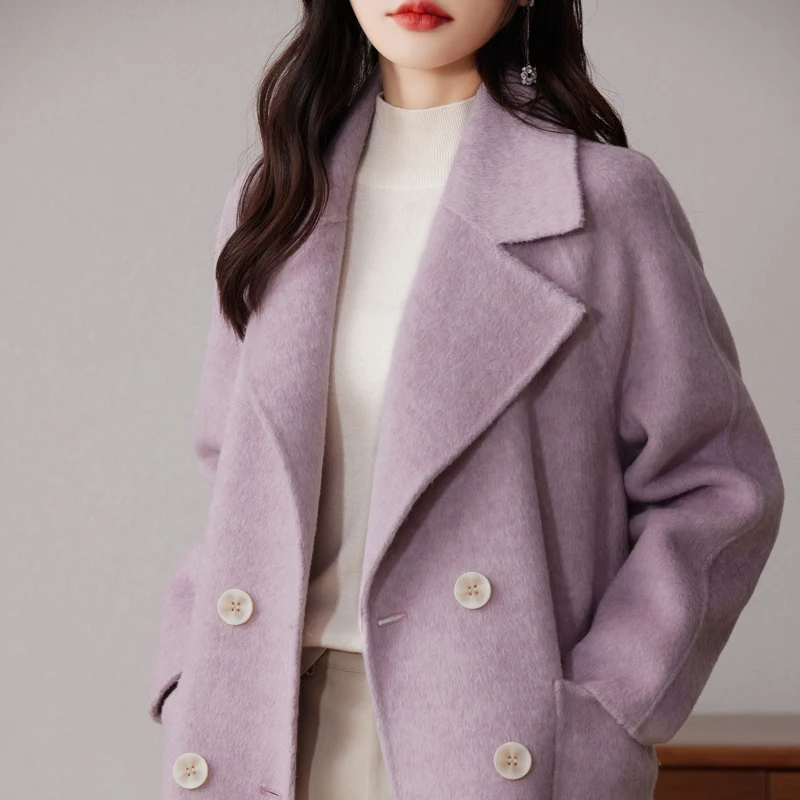 Double-Sided Cashmere Coat for Women, Mid-length Suit Tie, Double-Breasted, 100% Pure Wool Style