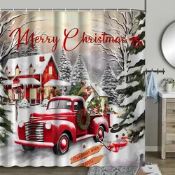 Christmas Shower Curtain, Winter Snowman Farm Christmas Tree Snowflake Santa Claus Dinosaur Farmhouse Truck Bathroom Decor