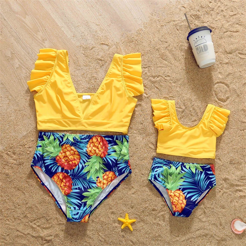 

Pineapple Swimwear Two Piece Mother Daughter Matching Swimsuit Ruffled Mom Mum Baby's Beachwear High Waist Mommy and Me Clothes