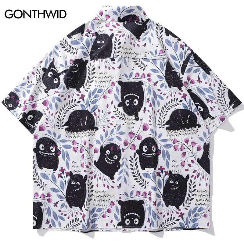 Funny Cartoon Graphic Print Shirts Men Loose Short Sleeve Button Up Blouse Streetwear 2024 Harajuku Hip Hop Summer Beach Tops