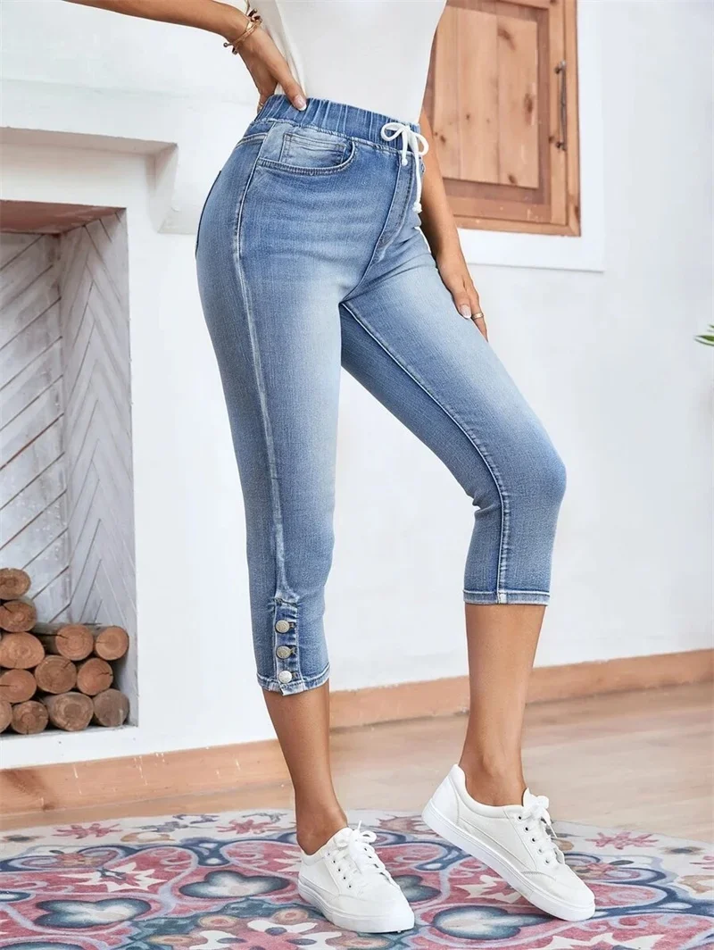 Fashion Trouser Legs Button Decoration Seven-quarter Trousers Women Elasticated Waist Lace-up Pencil Jeans Female Denim Pants