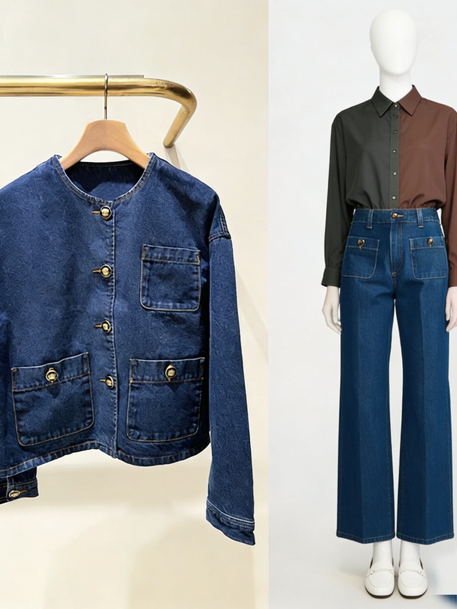 Elegant round Neck Denim Jacket with Multiple Pockets High Waist Cotton Pants Stylish Spring Outfit for Women Premium Quality