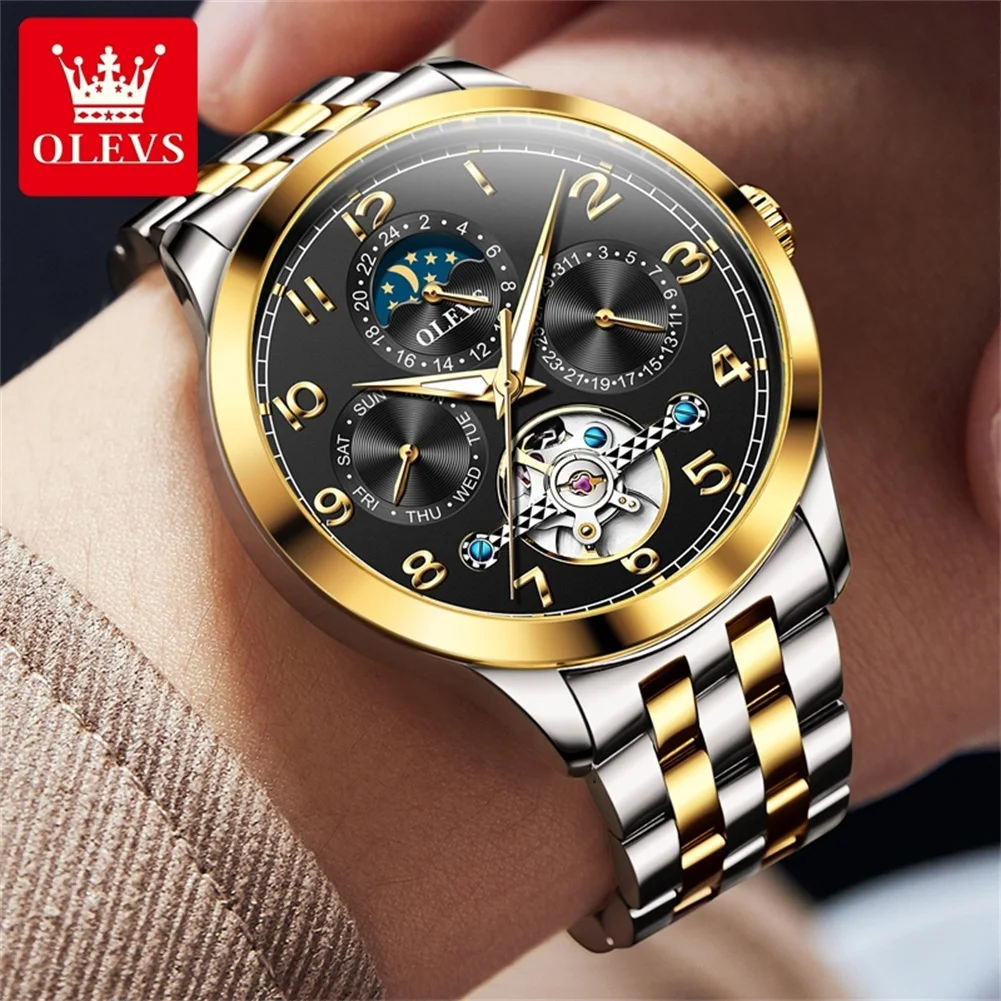 New OLEVS Men's Watches Automatic Mechanical Tourbillon Design Chronograph Waterproof Original Brand Man Wristwatch Moon Phase