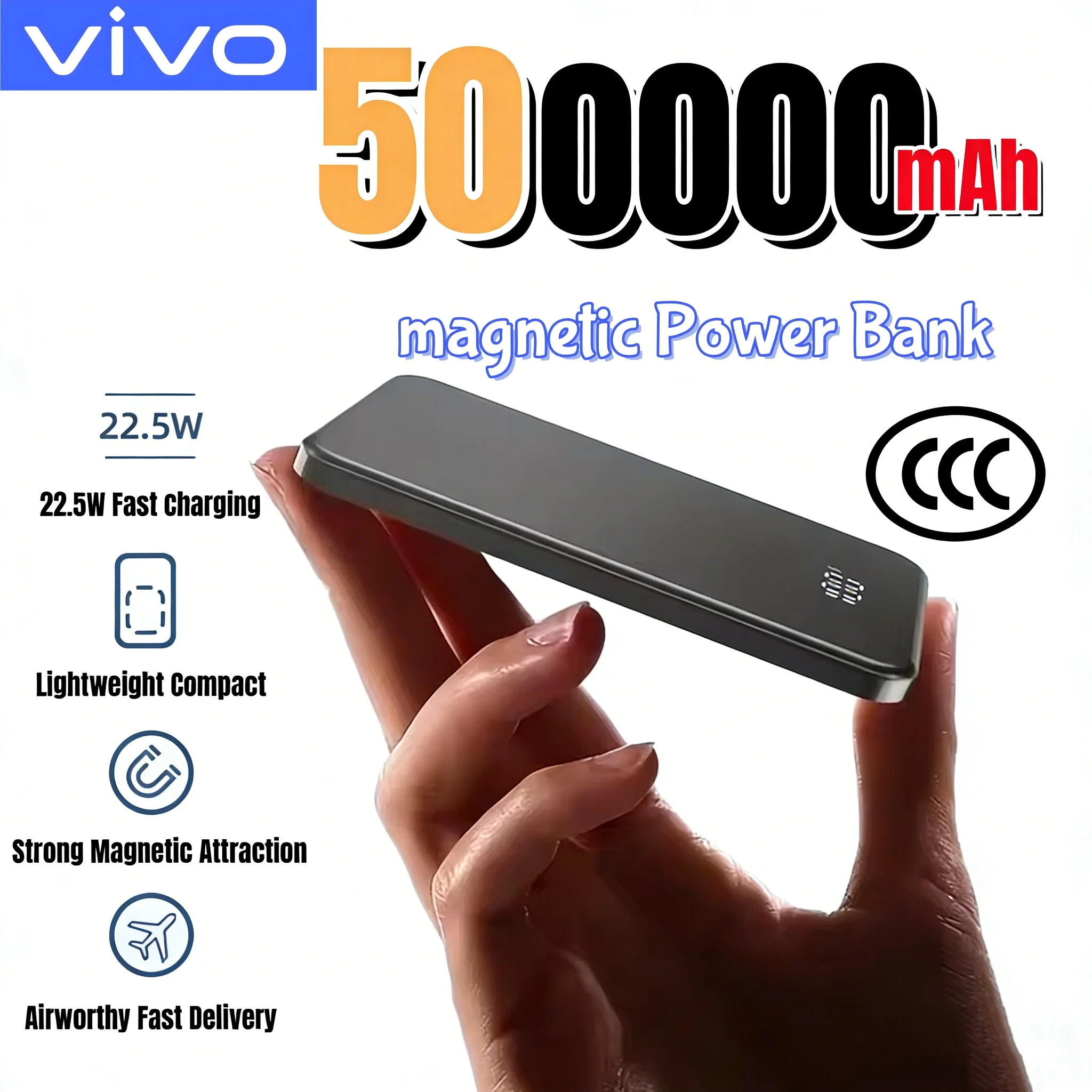 

Новый портативный магнитный внешний аккумулятор VIVO 50000 мАч с быстрой беспроводной зарядкой PD22.5W для MagSafe, iPhone, Samsung