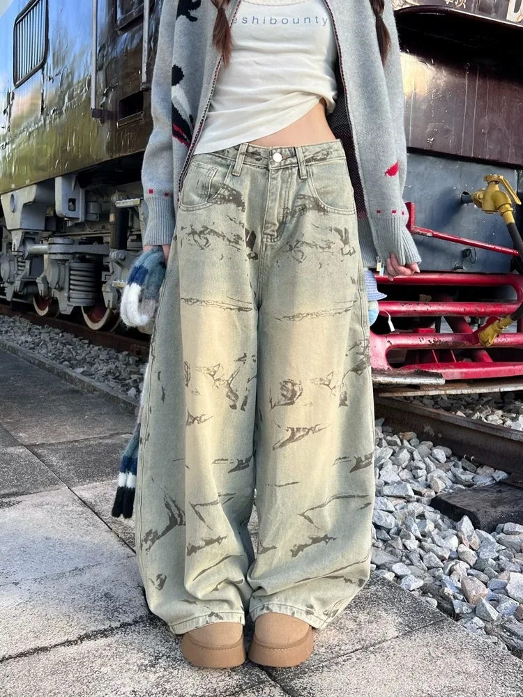 Y2K 커브드 나이프 진 여성용 아메리칸 레트로 그래피티 디스트레스드 워시드 와이드 레그 루즈 플로어 팬츠