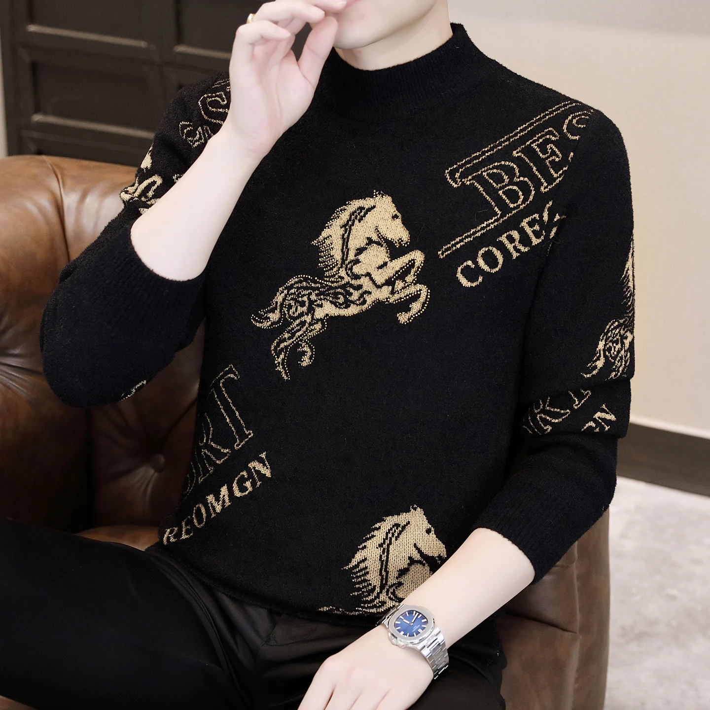 

Men's round Ne Knitted Sweater Thiened Loose Fit Warm Top Casual Sle Autumn Winter New Arrival Faionable Geometric Pa...