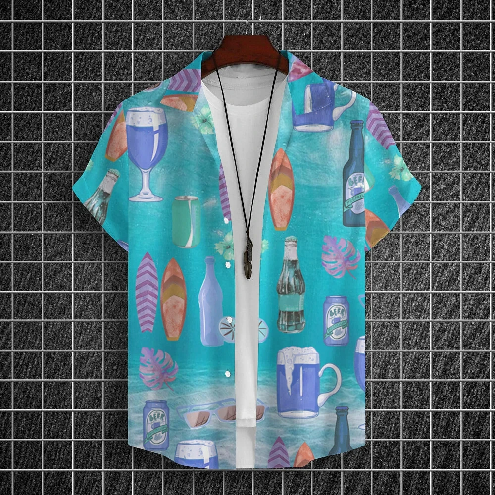 Hawaiian Shirt For Men Beach Beer Print Short Sleeved Shirt Tops Summer Beverages T-Shirt Casual Original Design Men's Clothing