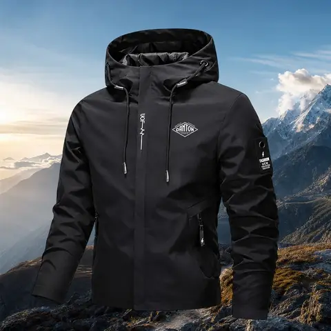 Black Lightweight Drawstring Hooded Jacket, Windproof Water Resistant Outdoor Hiking Coat, Rhombus Frame Letter Print Functional