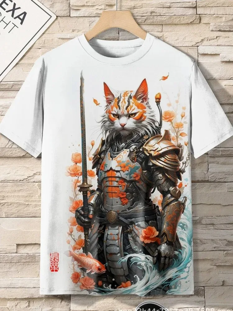 Men\'s T-Shirt Japanese Style Samurai Cat Graphic 3D Printed T-Shirt Casual Short Sleeved Tee Outdoor Oversized Men Clothing Tops