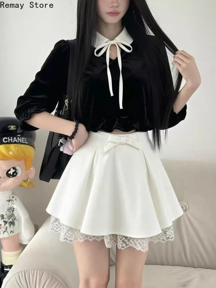 French Coquette Kawaii 2 Piece Set Women Velvet Bowknot Ruffle Tops + High Waist Shorts Slim Fit Elegant Daily Lolita Y2k Outfit