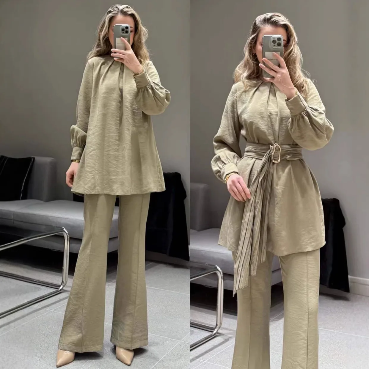 

Новый модный комплект для женщин: элегантный топ с круглым вырезом, длинными рукавами и поясом, а также прямые брюки. Коллекция Осень-Зима 2026.