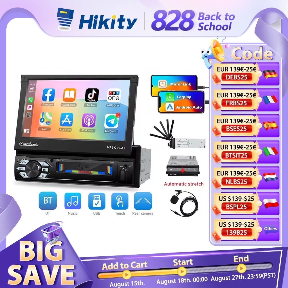 Hikity 7 ''Touch Screen 1din Carplay Android auto Car Stereo Radio con ricevitore Radio FM Bluetooth TF/USB AUX audio NO DVD
