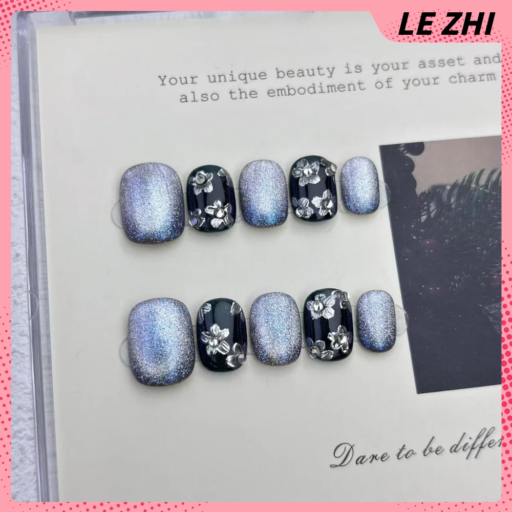 10 قطعة زهور فضية فاخرة خفيفة مصنوعة يدويًا قصيرة مربعة مستديرة اضغط على مسمار لؤلؤة فلاش مسحوق عين القط التدرجات غطاء كامل للأظافر